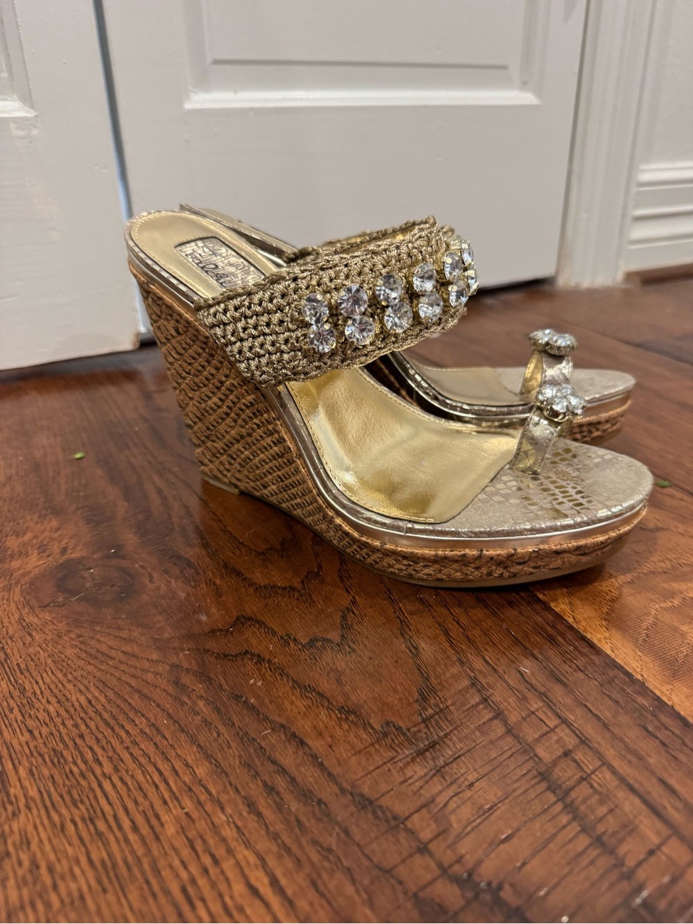 FIONI Clothing Metallic Gold Jeweled Crochet Slide Sandals - Picture 3 of 11